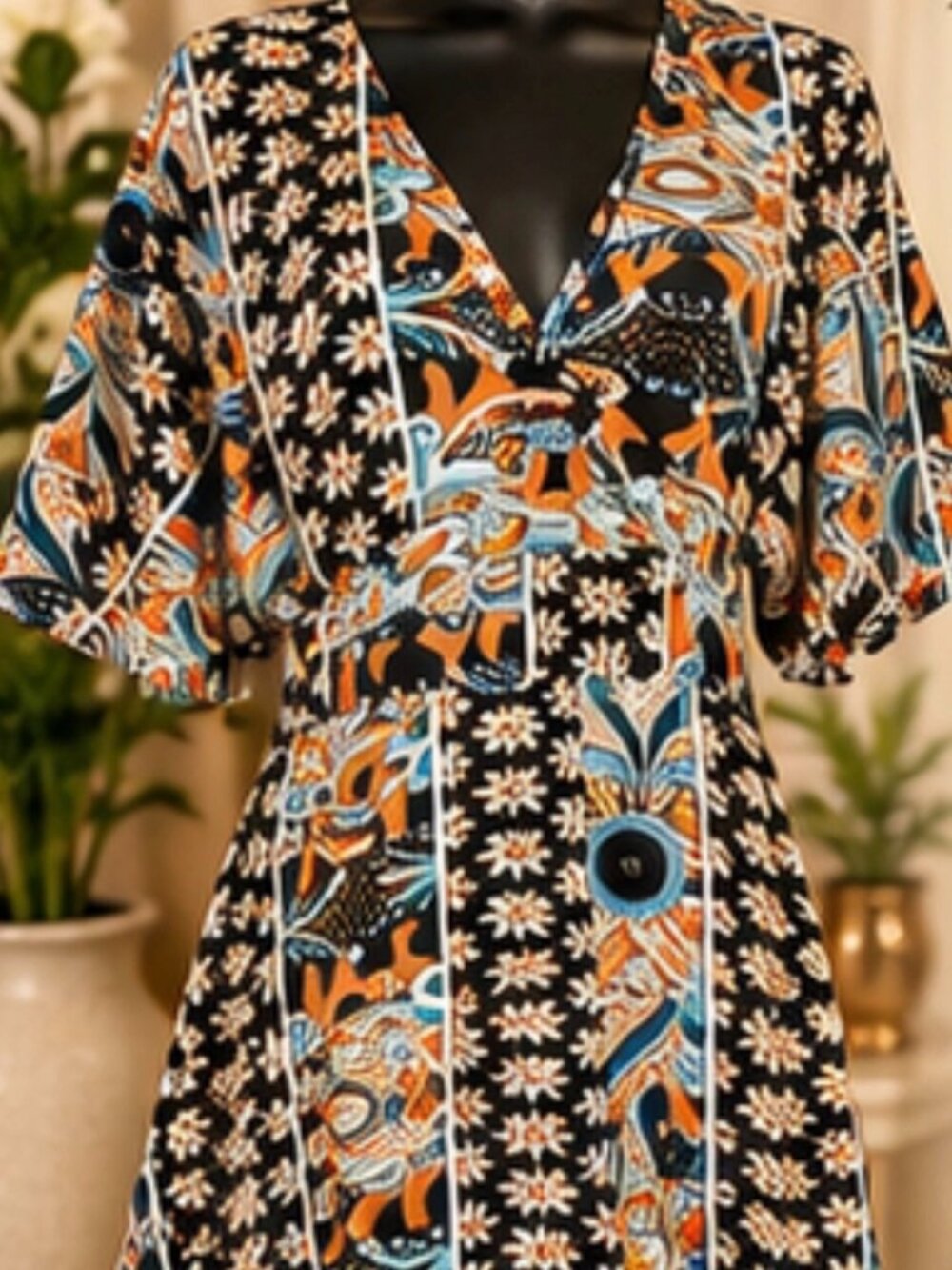 SHEIN Black Patchwork Midi Dress with Orange & Teal Accents